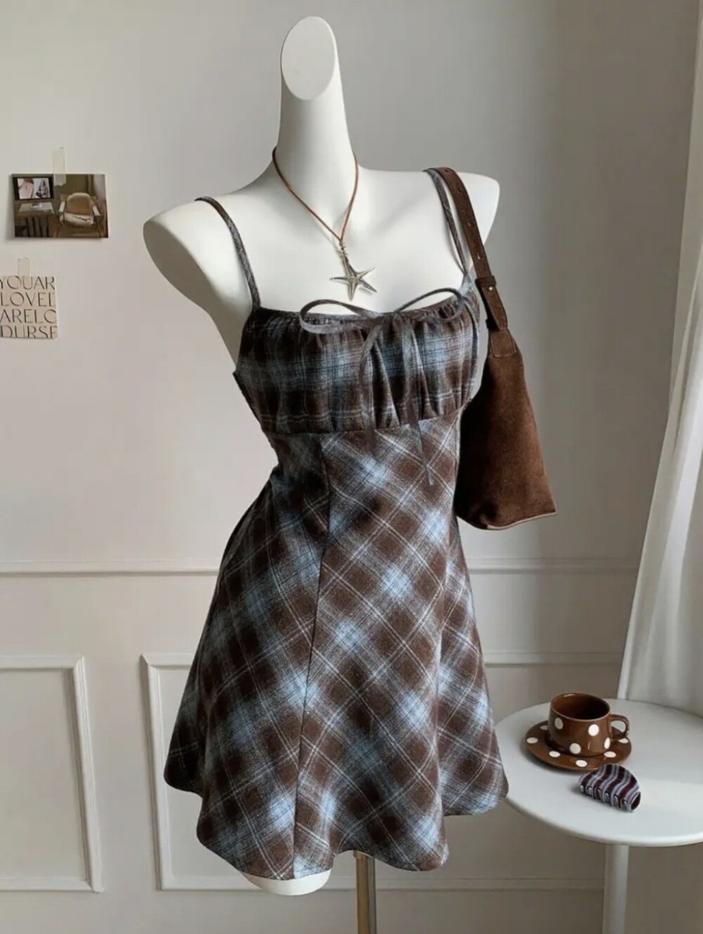 Women'S Brown Blue Plaid Spaghetti Strap Mini Dress, Bow Detail And A-Line Fit - Picture 3 of 6